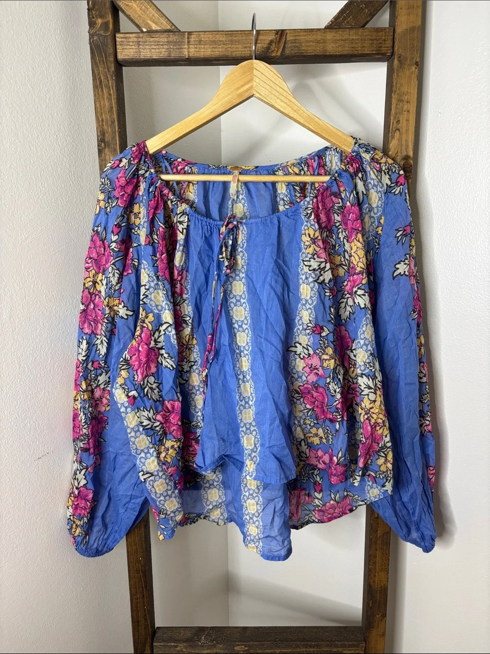 Free People Blue Floral Peasant Blouse with Pink & Yellow Blooms Size S